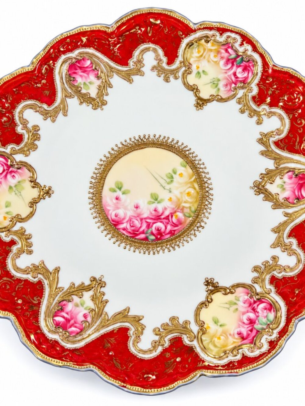Plate-05--Antique French Hand Painted Porcelain Plate Fuchsia Roses Red Gold Gil